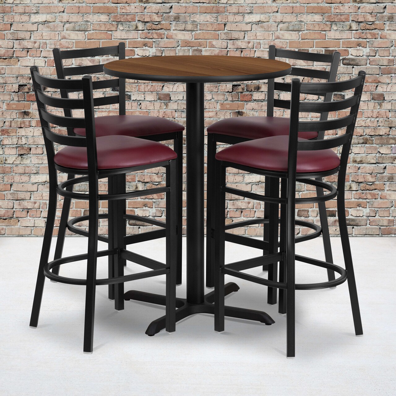 Emma and Oliver 30" Round Laminate Table Set with X-Base and 4 Ladder Back Stools